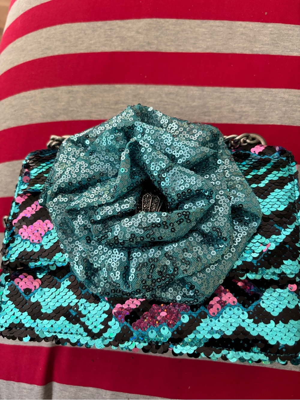 Kurt Geiger Teal Sequin Shoulder Bag with Pink and Black Accents